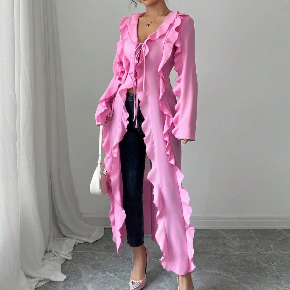 Pink Casual Women's Elegant Long Sleeve Ruffle Blouse - Picture 4 of 7